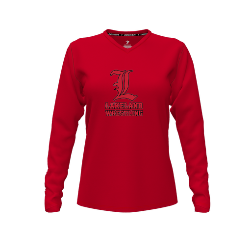 [FTLVPTRD-FYXS-LOGO3] Decker Performance T-Shirt (Female Youth XS, Red, V Neck, Logo 3, Long Sleeve)